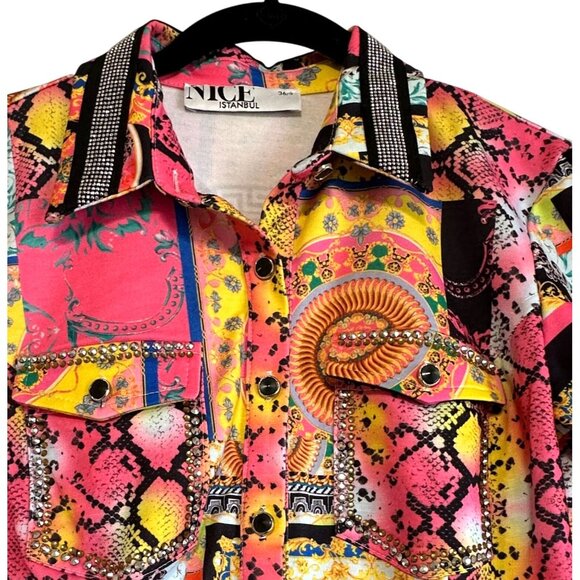 Nice Istanbul Baroque Print Embellished Long Sleeve Mini Bodycon Dress Sz 36 / S - Picture 4 of 9